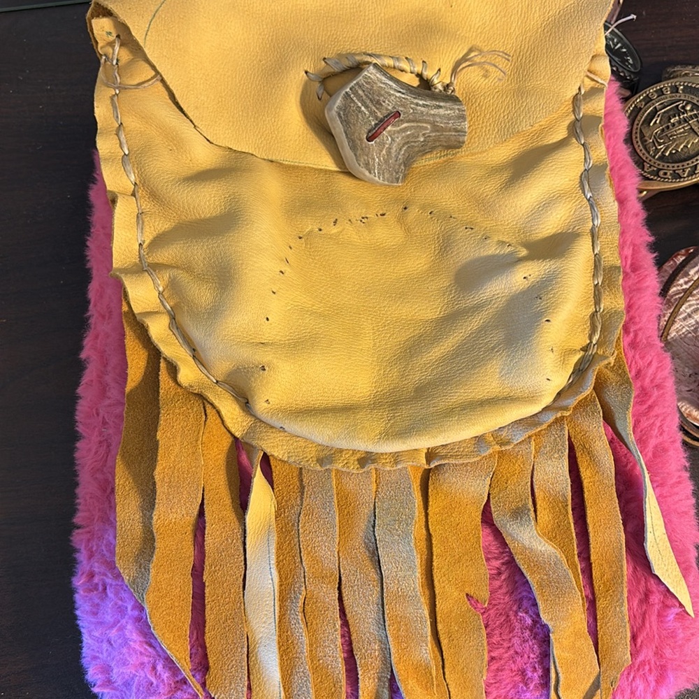 Vintage Native American handmade Leather Bag with leather fringe and antler